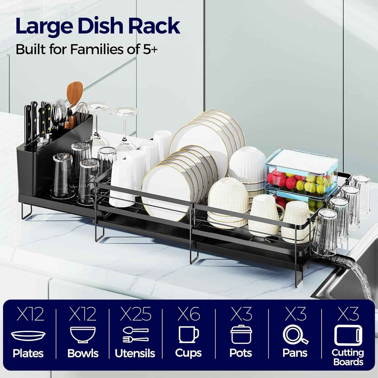 Large Dish Drying Rack, Expandable Dish Rack for Kitchen Counter, Dish Drainer with Drainboard Set, Multifunctional Dishrack with Utensil & Cup Holder, 13.4"-28.7" L x 11.8" W x 7.8" H, Black