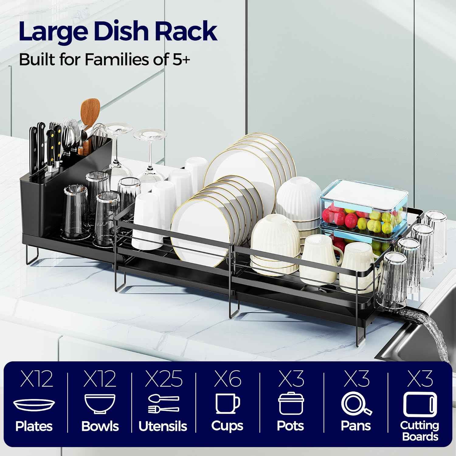 Large Dish Drying Rack, Expandable Dish Rack for Kitchen Counter, Dish Drainer with Drainboard Set, Multifunctional Dishrack with Utensil & Cup Holder, 13.4"-28.7" L x 11.8" W x 7.8" H, Black