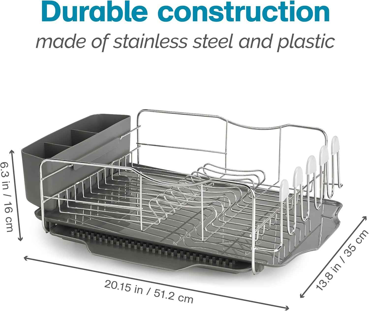 Polder KTH-615 Dish Rack, 4 PC Combo– Advantage System Includes Rack, Drain Tray, Removable Drying Tray & Cutlery Holder – Stainless Steel & Plastic