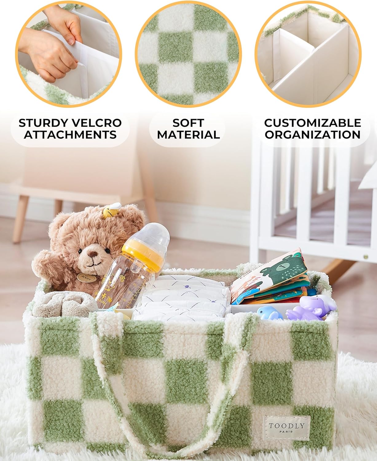 Checkered Diaper Caddy Organizer with Portable Changing Mat - Teddy Fleece Diaper Organizer for Changing Table - Caddy Organizer with Removable Dividers - Green and White