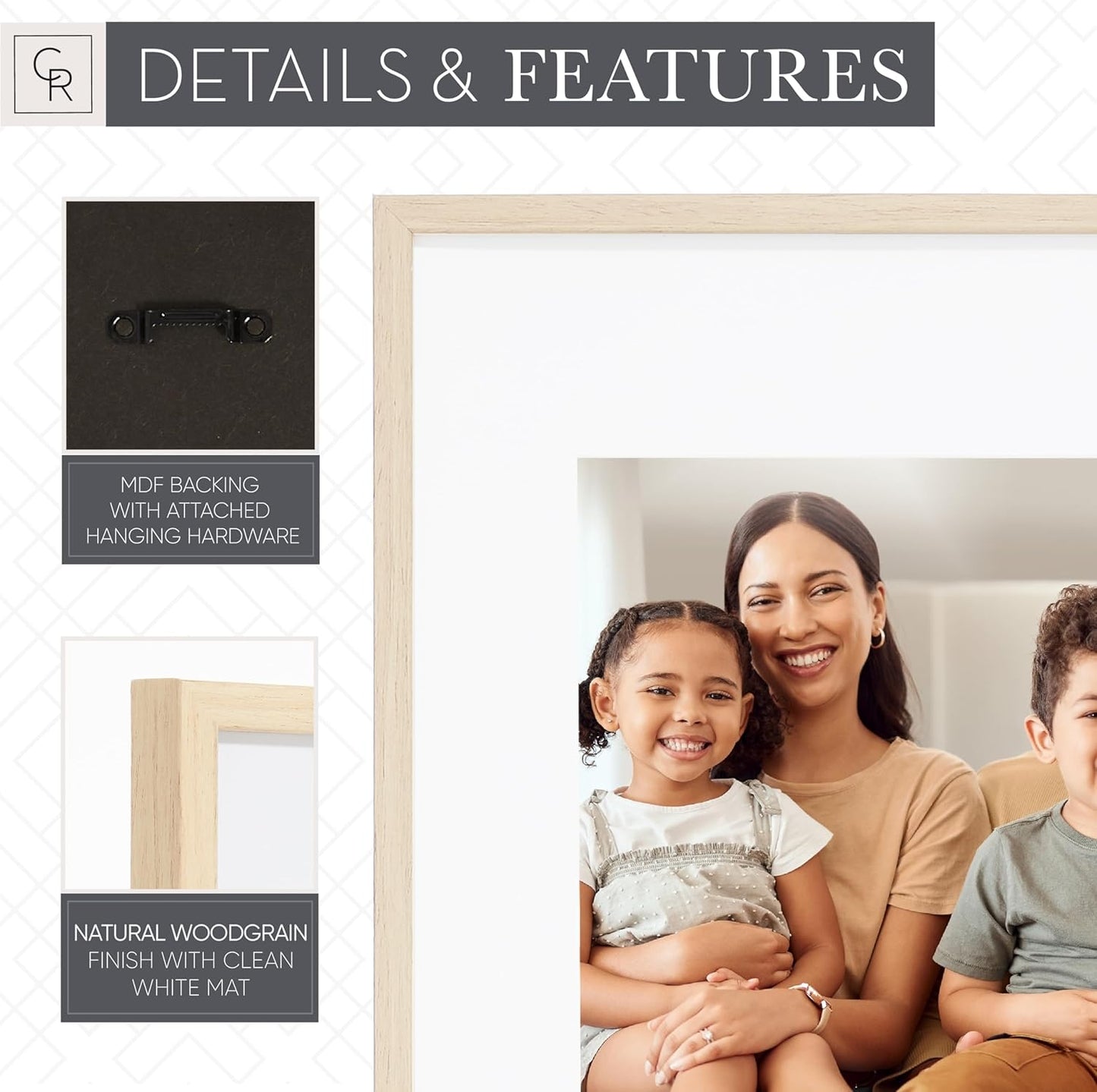 Camden Reed Arcadia 8 Piece Oversized Gallery Wall Frame, 11x14 and 11x11 inch matted frames for featuring 8x10 and 8x8 Inch Photographs or Art Prints, Natural Finish