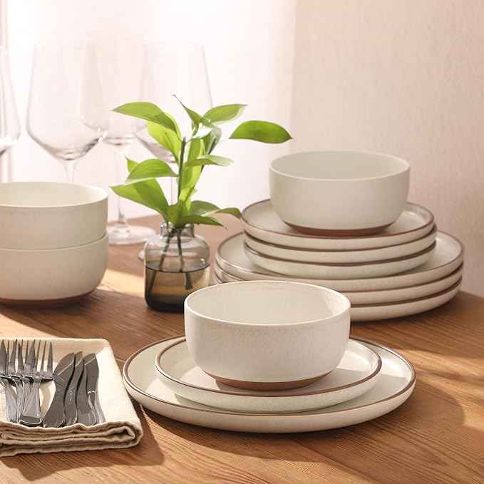 Gibson Elite Abbey Circle 12 Piece (Service for 4) Plates and Bowls Reactive Matte Glaze Dishes Stoneware Ceramic Dinnerware Set - White