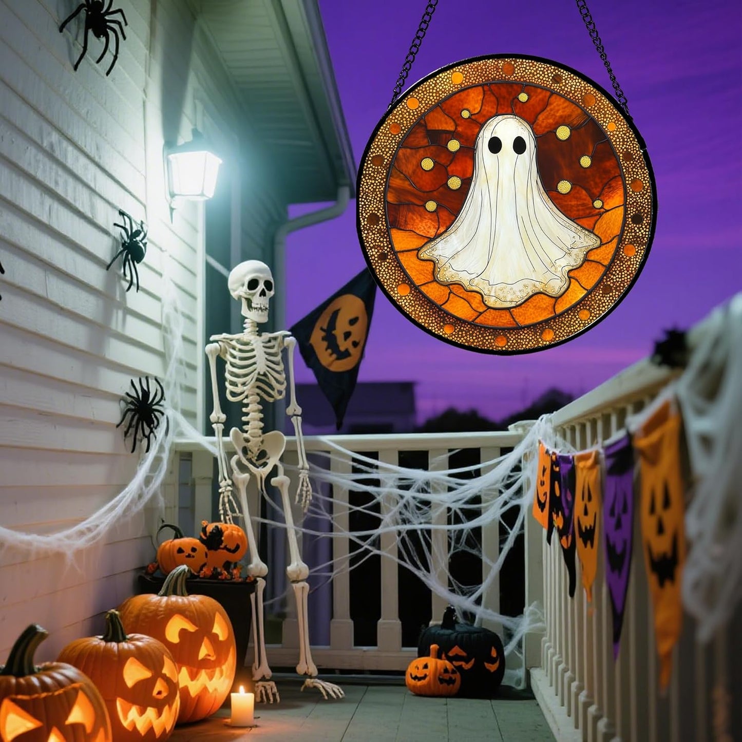 Stained Glass Window Hanging - Halloween Decorations White Ghost Suncatcher for Doors Garden Indoor Spooky Funny Orange Sun Catchers Gothic Decor Horror Gifts for Women Men Friend 9.8 in