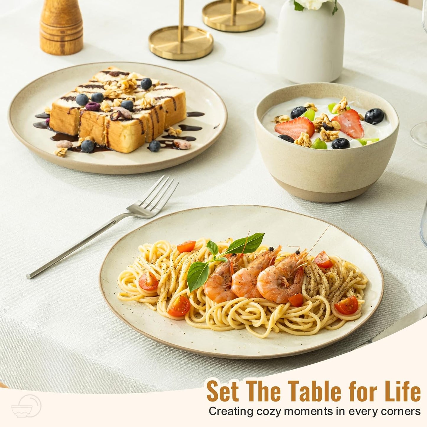 12 Pieces Dinnerware Sets,Plates and Bowls Sets, Handmade Reactive Glaze Dishes Set for 4 with at Least 10% Recycled Ceramic (Beige)