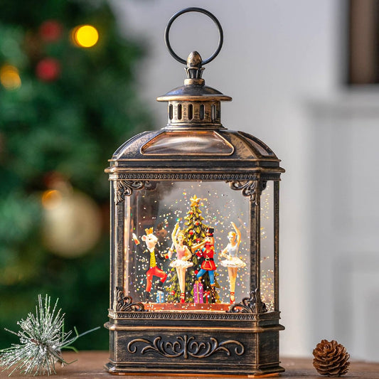 Christmas Snow Globe Lantern Water Glittering Nutcracker Ballet Stage with Music & Timer, USB Lined/Battery Operated Lighted Lantern for Christmas Festival Decoration Gifts