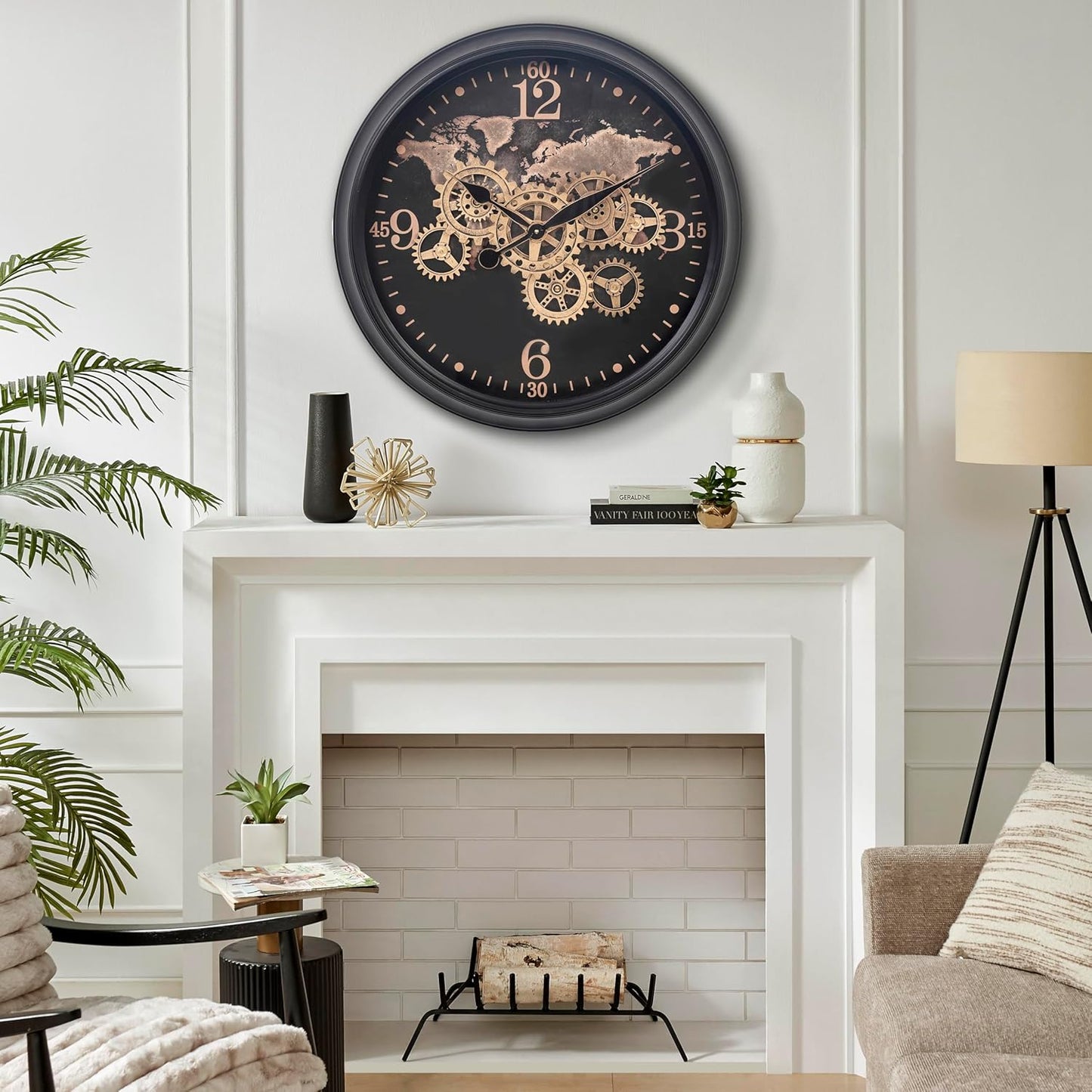 CLXEAST 24 Inch Moving Gear Wall Clock with World Map Pattern,Large Black Gold Metal Wall Clock for Modern Farmhouse Living Room Decor,Reloj De Pared para Sala