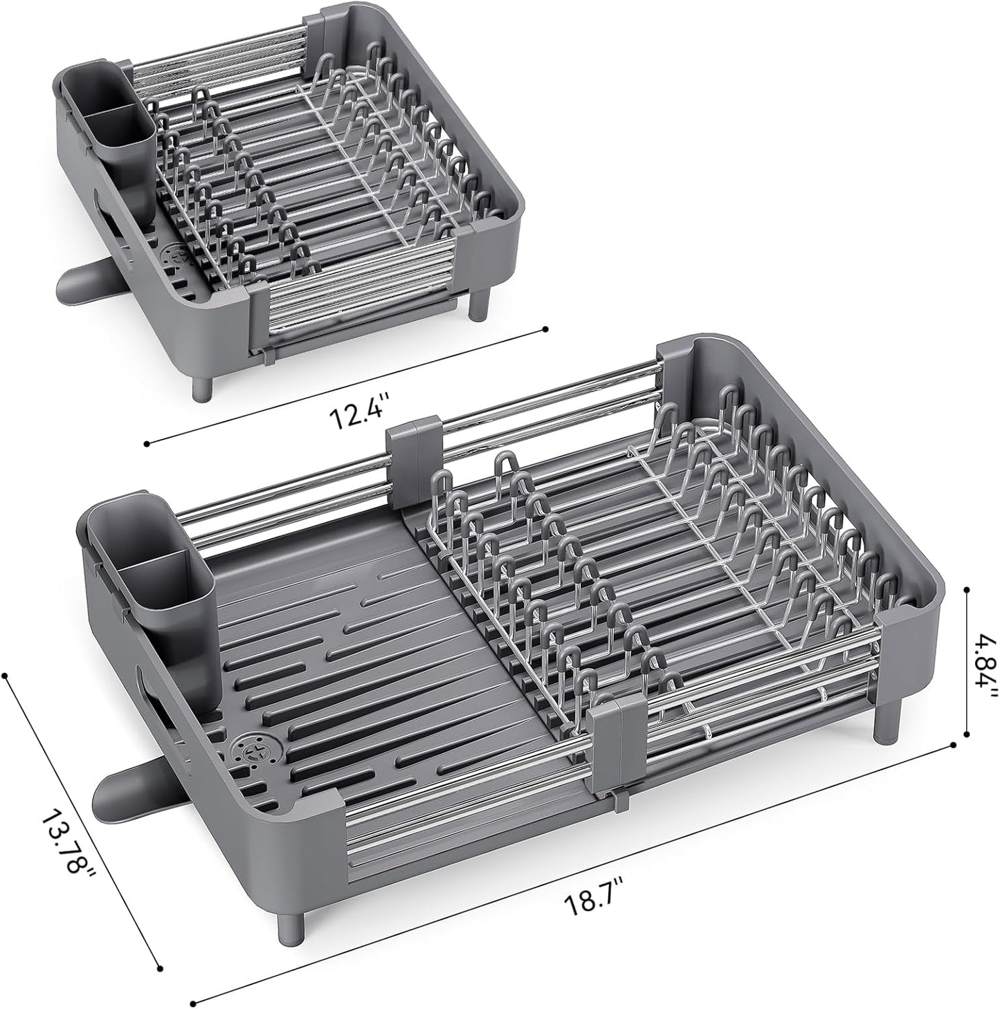 Urackify Stainless Steel Dish Drying Rack - Dish Drainer for Kitchen Counter, Extendable Drainboard with Foldable, Space-Saving Cup & Bowl Organizer, Includes Knife and Utensil Holder, Gray