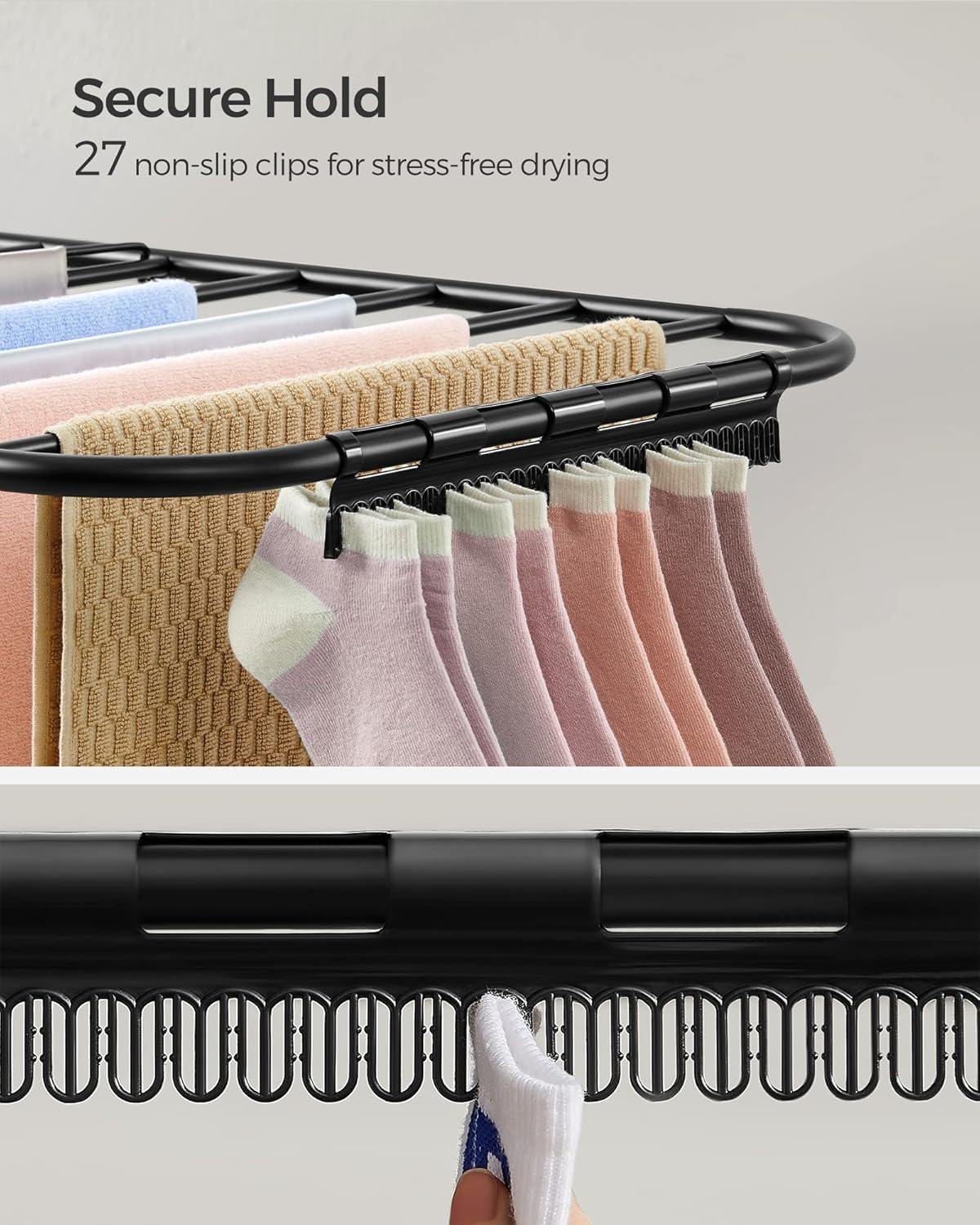 SONGMICS Clothes Drying Rack, with Sock Clips, Metal Laundry Rack, Foldable, Space-Saving, Free-Standing Airer, with 2 Height-Adjustable Gullwings, Indoor Outdoor Use, Black ULLR052B01