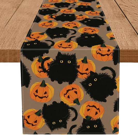 Halloween Table Runner Black Cat Pumpkins Seasonal Kitchen Dining Table Home Outdoor Party Decorations 13x48 Inch