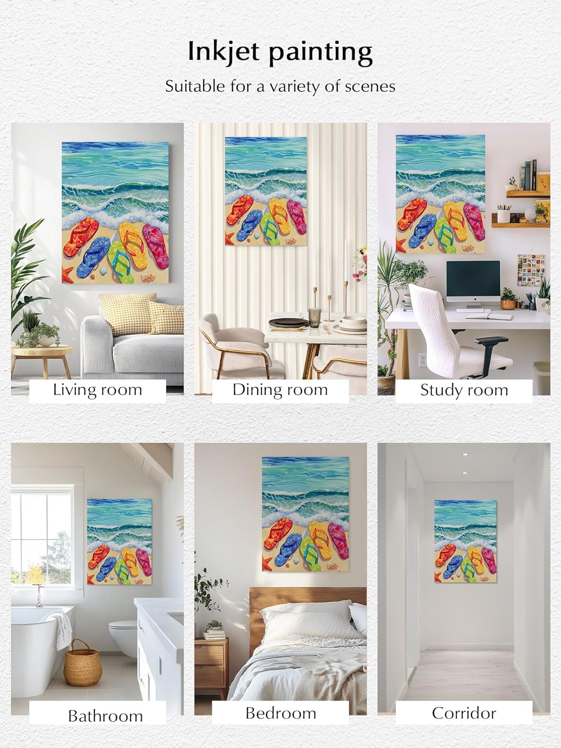 Watercolor Ocean Beach Slippers Canvas Wall Art Prints,Picture Wall Decor Paintings Sailing Boat Summer Vacation Framed Artwork for Living Room Bedroom Bathroom Office 48"x36",Ready to Hang