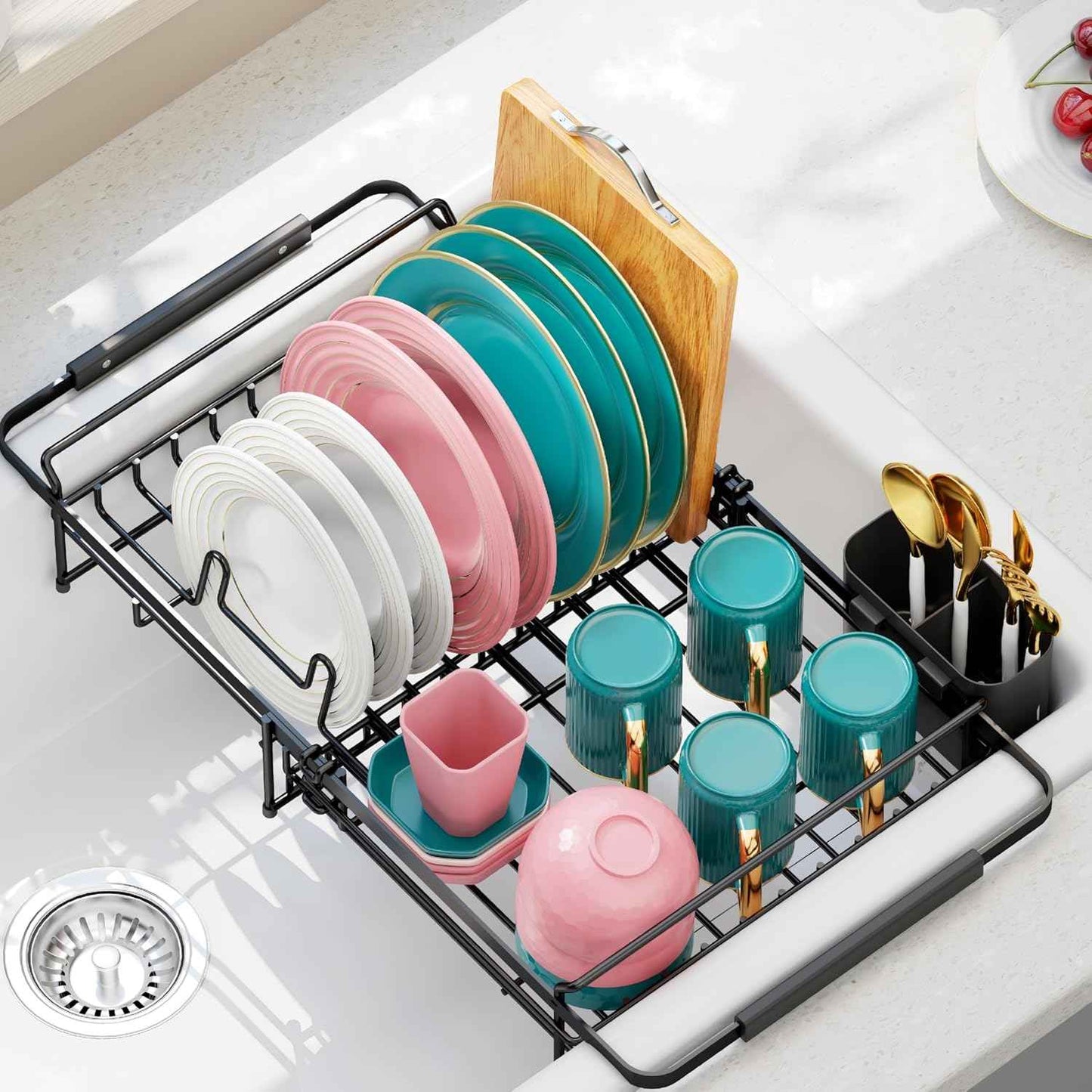 Urackify Expandable Stainless Steel in Sink Dish Drying Rack - Adjustable Dish Rack Over Sink, Rustproof Dish Drainer for Kitchen Counter, Dish Strainer with Utensil Holder, Fit Sink for 13"-18"
