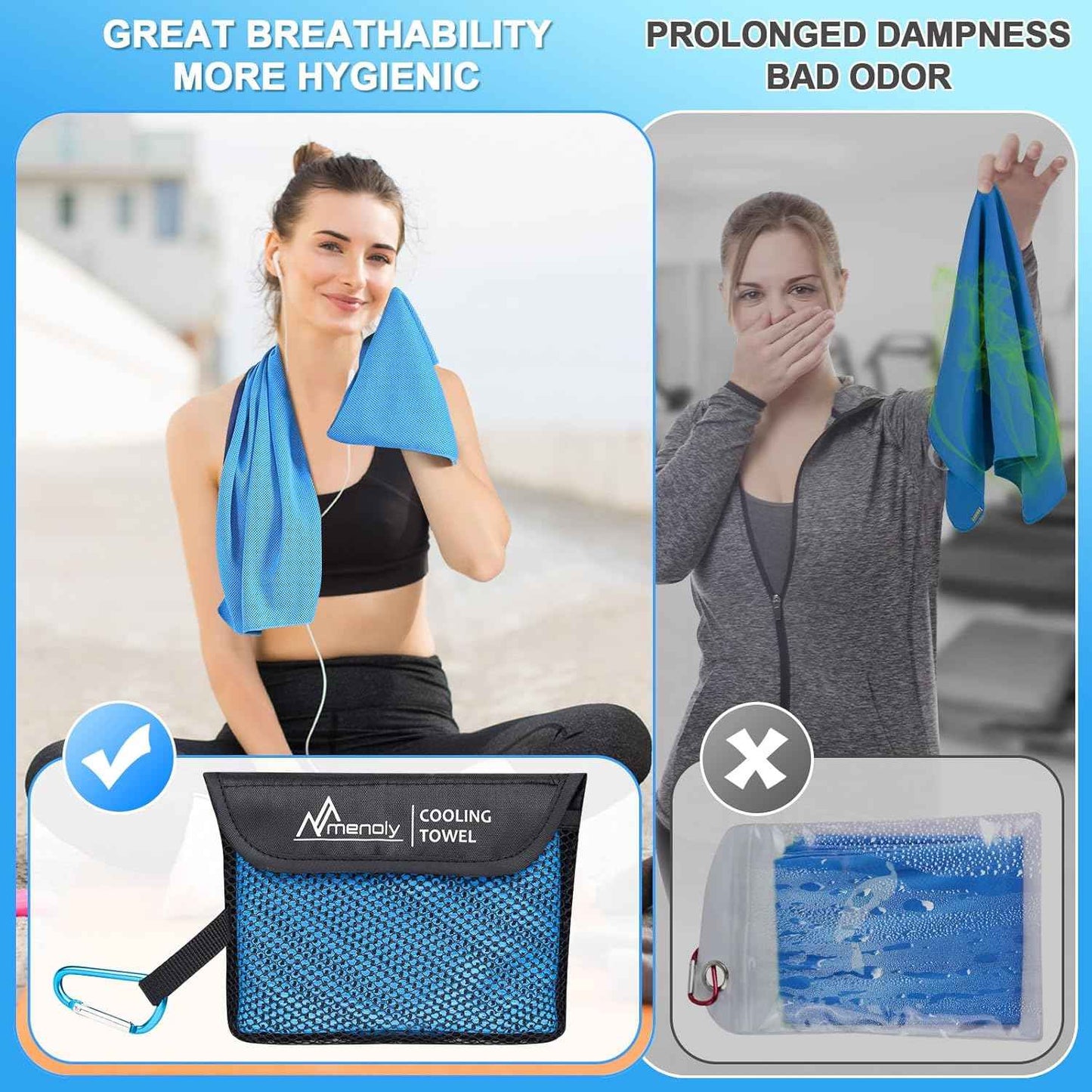MENOLY 6 Pack Cooling Towels, 40"x12" Cooling Towels for Neck and Face with Breathable Carrying Bags,Soft Microfiber Instant Cooling Rags, Gym Workout Sweat Towel for Sports, Yoga, Camping, Running