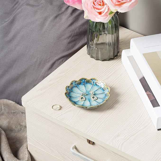 Jewelry Dish Tray, Ring Dish, Ceramic Trinket Tray, Key Bowl, Decorative Plate, for Friends Sisters Daughter Mother (Retro Blue)