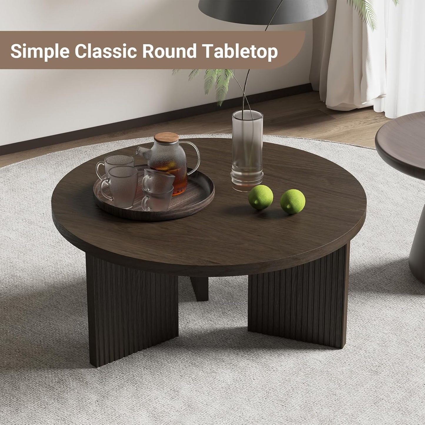 Wooden Round Coffee Table, 35" Coffee Table with Smooth Thick Mesa, Low Circle Center Table with X Shaped Stable Legs, Accent Tea Table for Living Room, Office, Brown