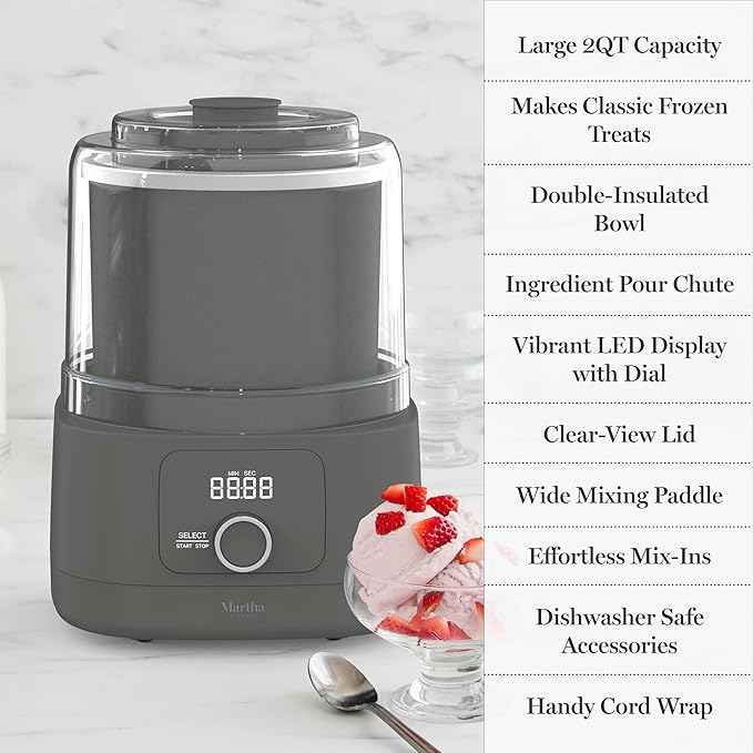 Martha Stewart Ice Cream Maker, 2 Quart Double-Insulated Freezer Bowl, Sorbet & Frozen Yogurt, Ready in 20 Minutes, Mix-Ins Chute, Easy to Clean, Caviar Gray