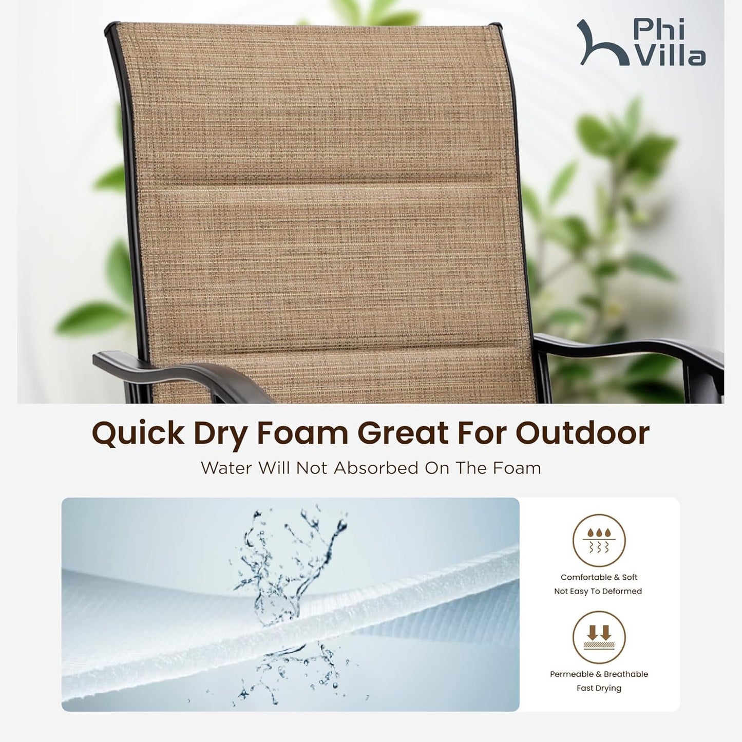 PHI VILLA 5 Piece Patio Bar Set, High Top Outdoor Table and Chairs for 4 with Swivel Padded Bar Stools Outside and Square Metal Bar Bistro Table for Garden, Deck and Poolside