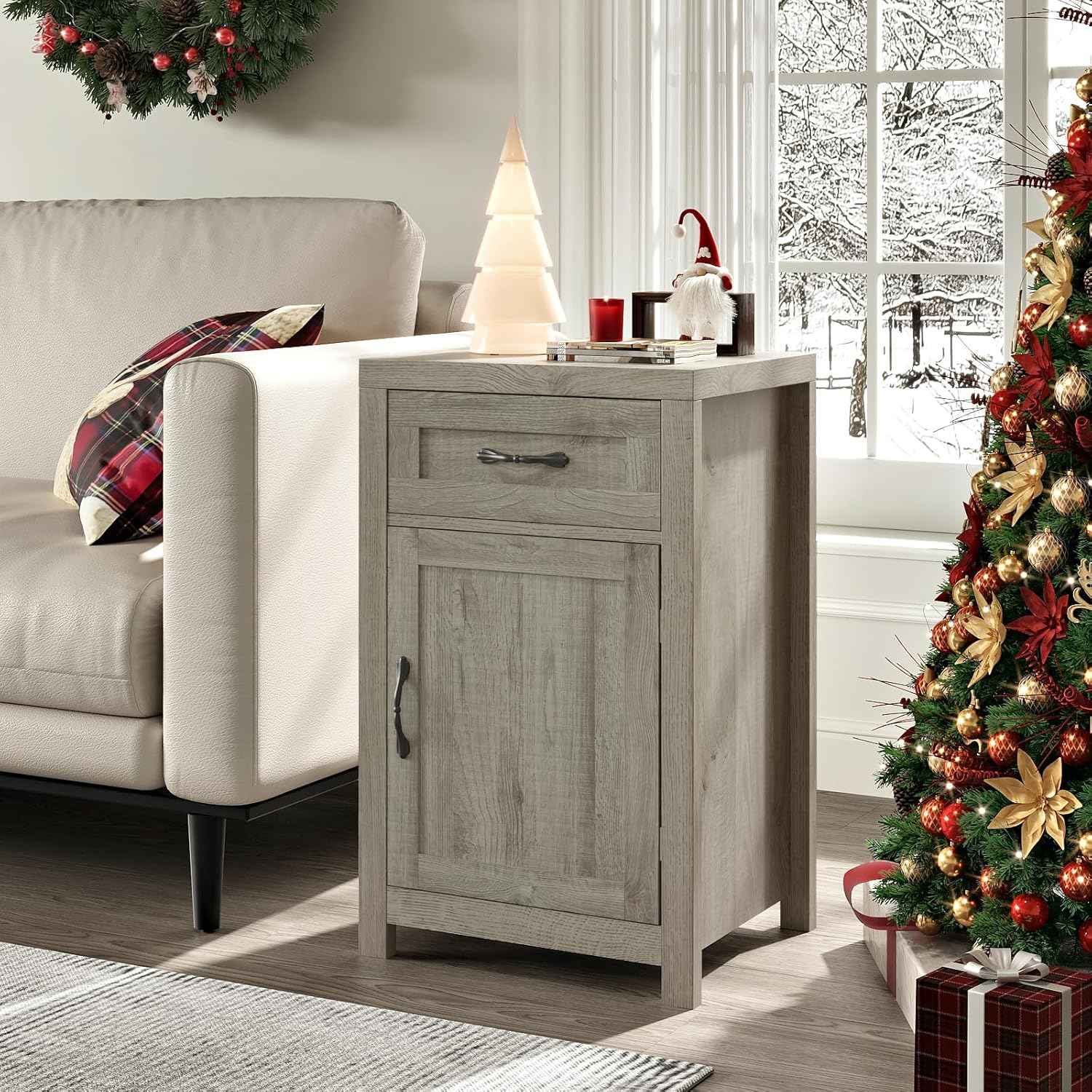 Farmhouse Nightstand Set of 2 with Drawer, 30" End Table with Storage Cabinet and Adjustable Shelf, Tall Bedside Table Rustic Wood Sofa Side Table for Living Room, Bedroom, Grey