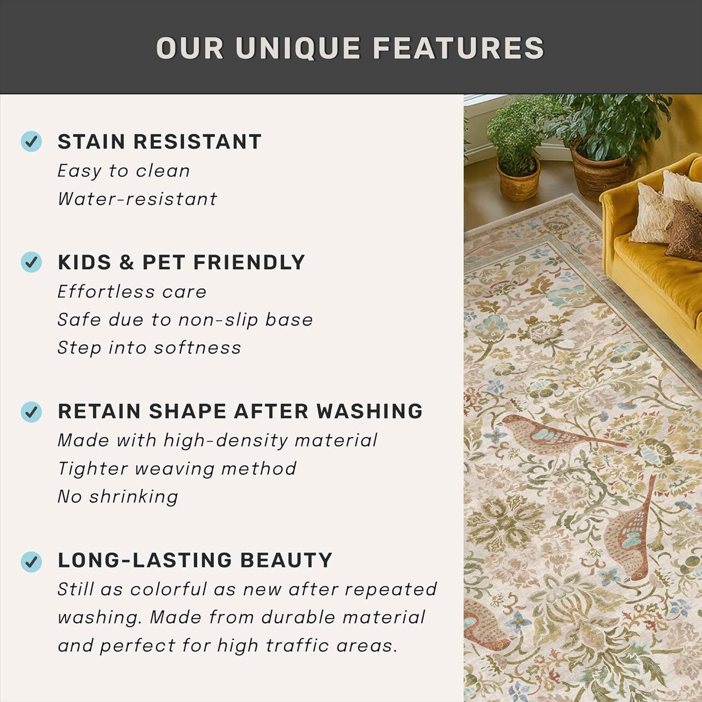 Beige Boho Bathroom Rugs 2x3 Washable Non Slip - Soft Low Pile Small Throw Rug for Entryway, Kitchen, Powder Room - Unique Farmhouse Bird & Pattern Botanical Decorative Door Mats