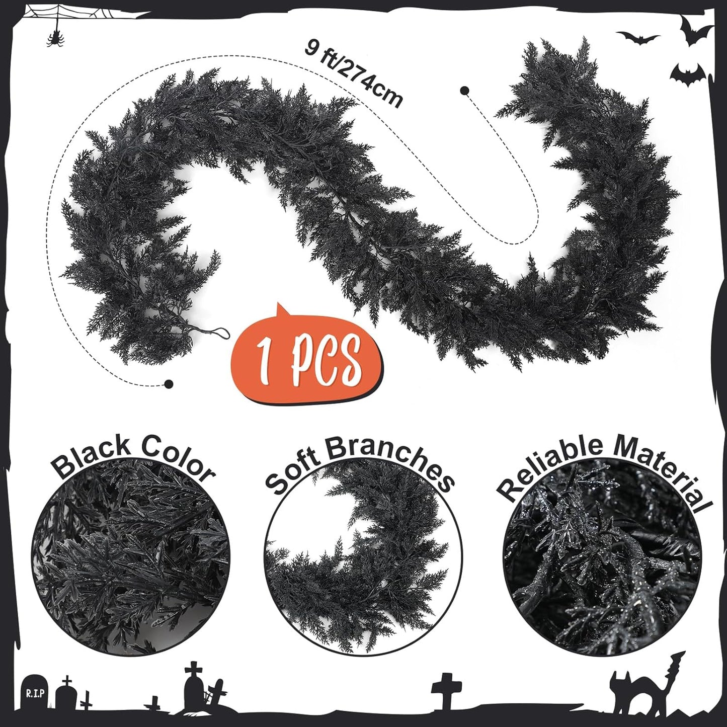 Dingion Black Artificial Cedar Garland - 9 ft Halloween Faux Cedar Pine Hanging Party Decoration Halloween Realistic Garland for Home, Mantle & Fireplace