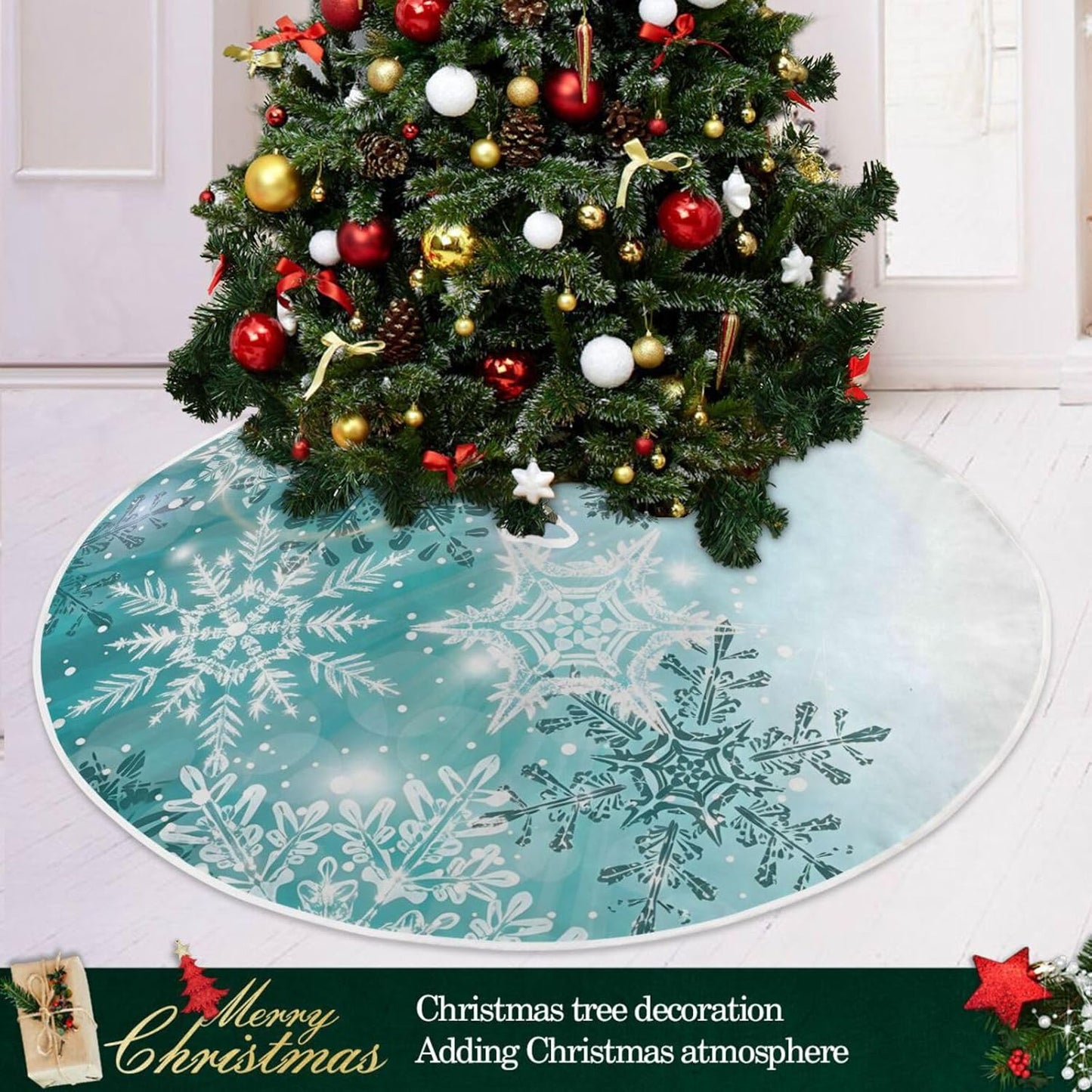 ALAZA Christmas Tree Skirt Decoration,Large Tree Skirt Ornament 47.2 Inch with Silver Winter Teal Turquoise Snowflakes Christmas for Christmas Party Holiday Home Decorations