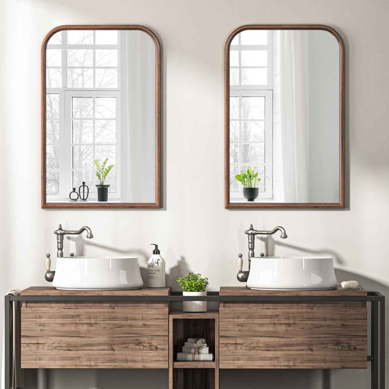 24"x36" Arch Wall Mirror for Wall, Wall Mounted Vanity Mirror for Bedroom, Wood Grain Finish Frame Mirror with Tempered Glass, Vintage Decorative for Bathroom, Entryway, Living Room, Walnut