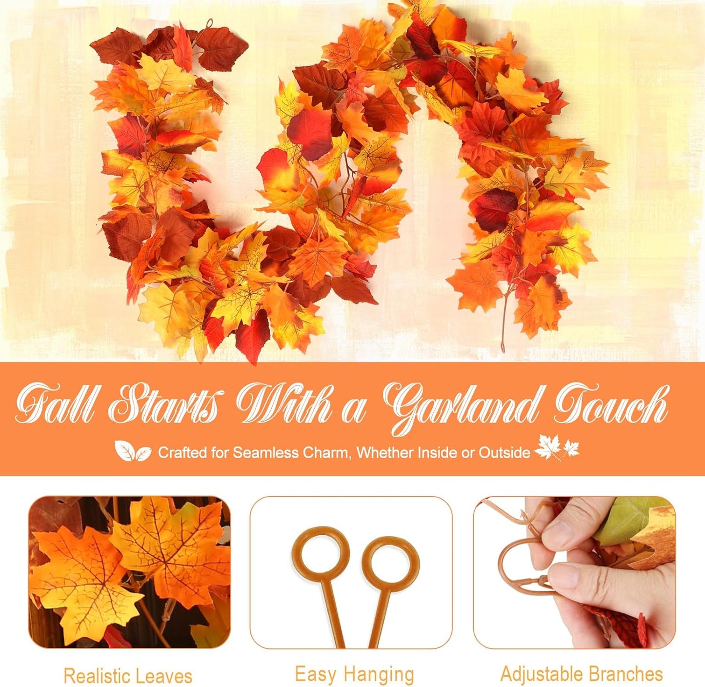 Joyhalo 2 Pack Fall Leaves Garland Indoor Outdoor Fall Decor,Hanging Maple Leaves Garland for Mantle, Door Frame,Fireplace and Thanksgiving Decor