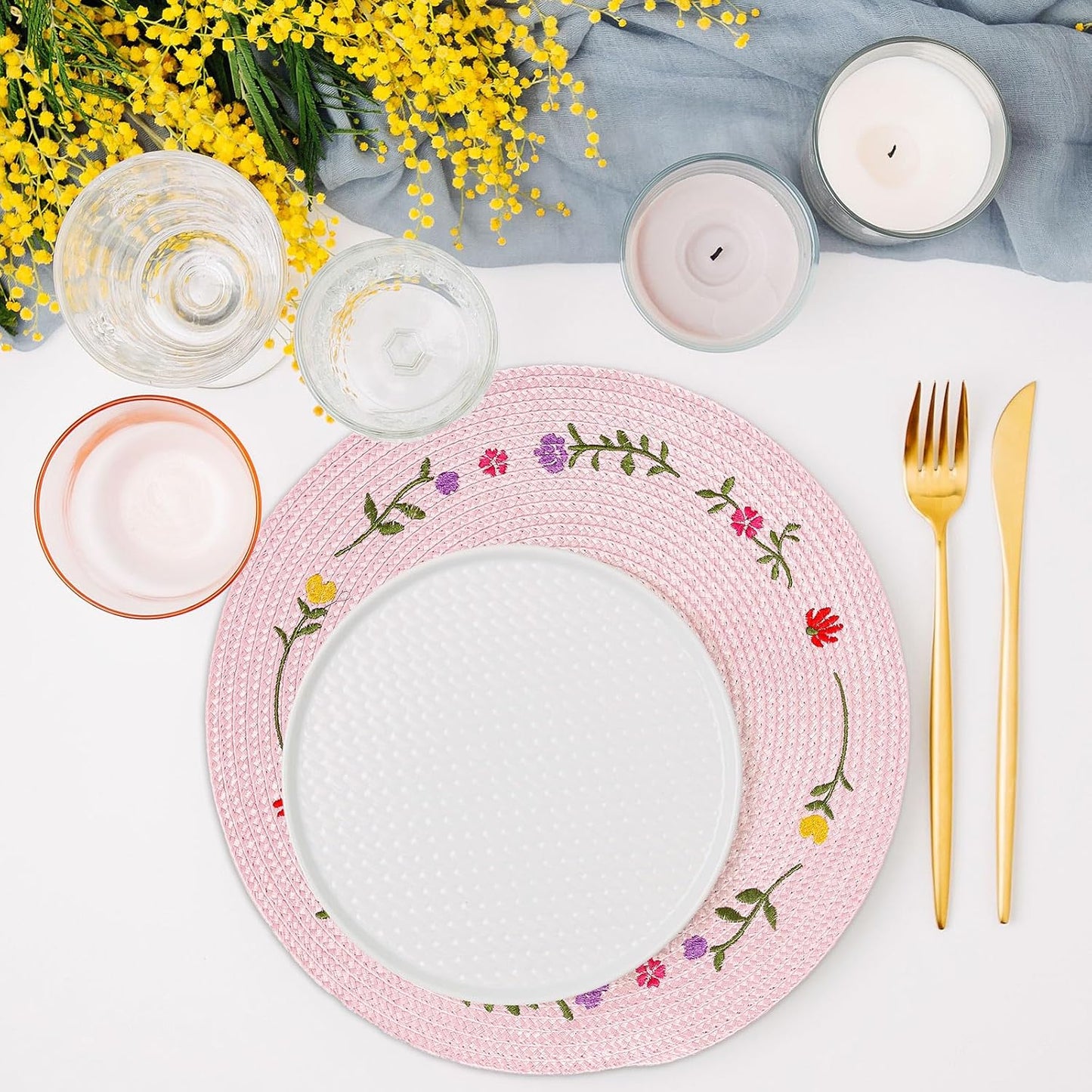 Whaline 4Pcs Round Placemats Spring Flower Embroidered Place Mats Pink Floral Dinner Table Mats for Home Holiday Wedding Bridal Baby Shower Birthday Party Decor