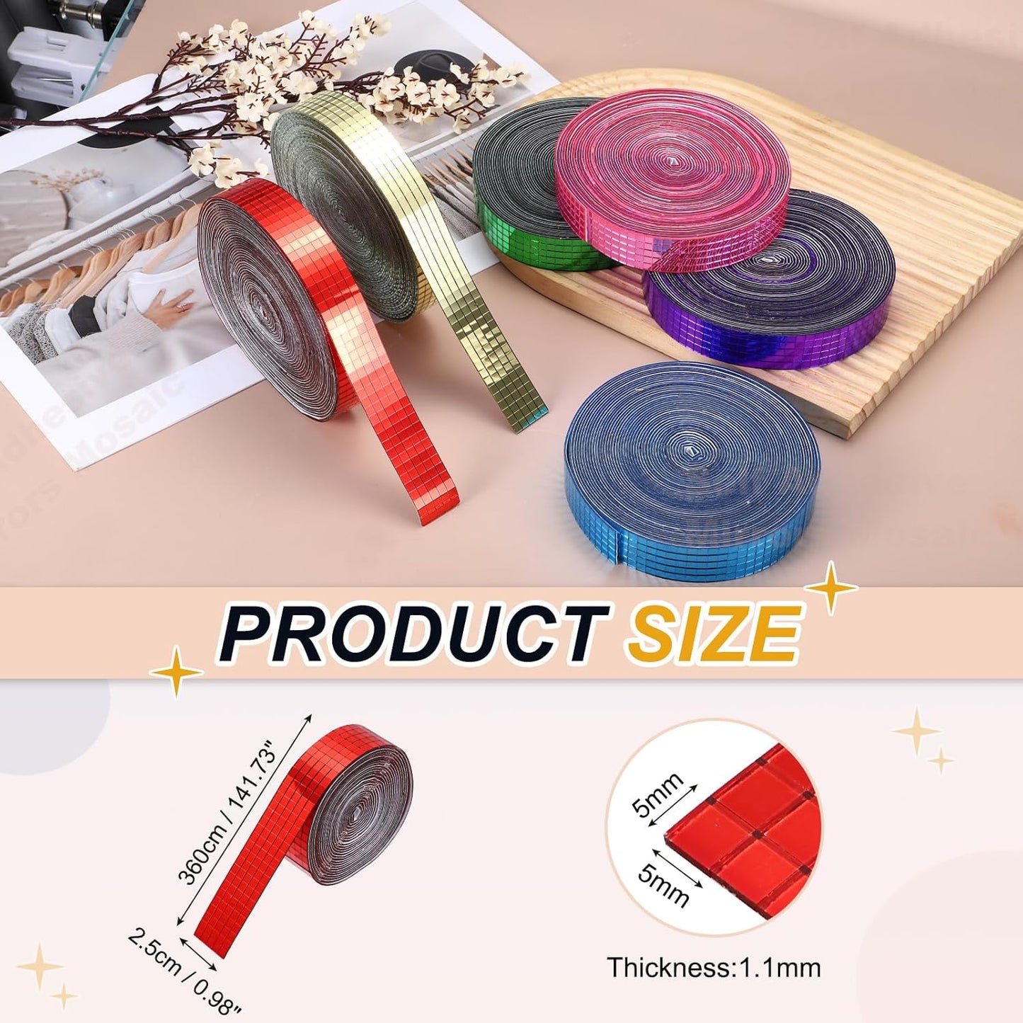 PATIKIL 5x5mm Self Adhesive Mirrors Mosaic Tiles, 3600 Pcs Square Mini Glass Mosaic Disco Tile Sticker for DIY Craft Disco Ball Party Decoration, Red