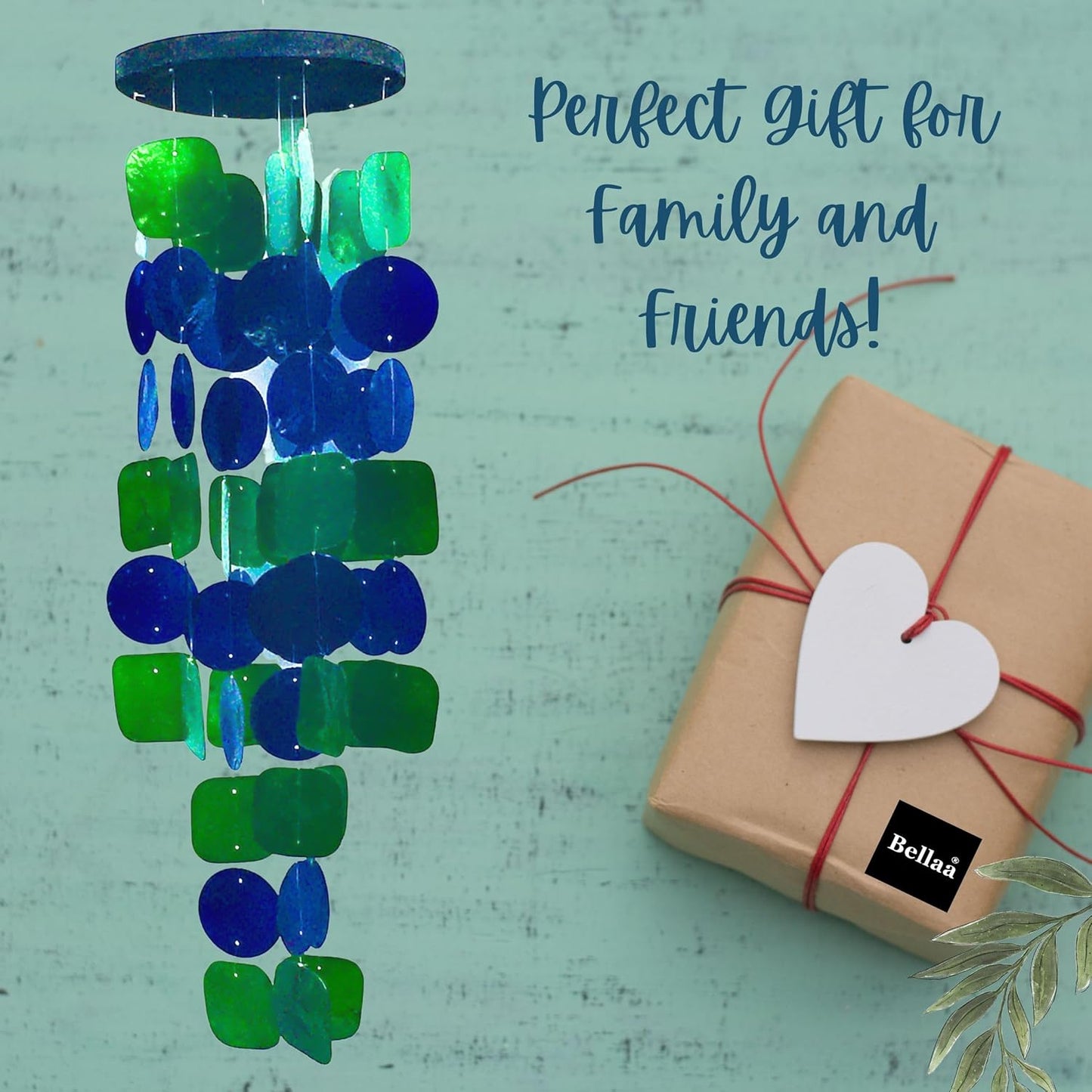 Bellaa 24858 Wind Chimes Outdoor, Garden Decorations, Musical, Indoor/Outside Windchimes, Beach, Ocean Breeze, Gifts for Mom, Gift for All Occasions, Capiz Sea Glass Shells Wood 27 inch Green Blue
