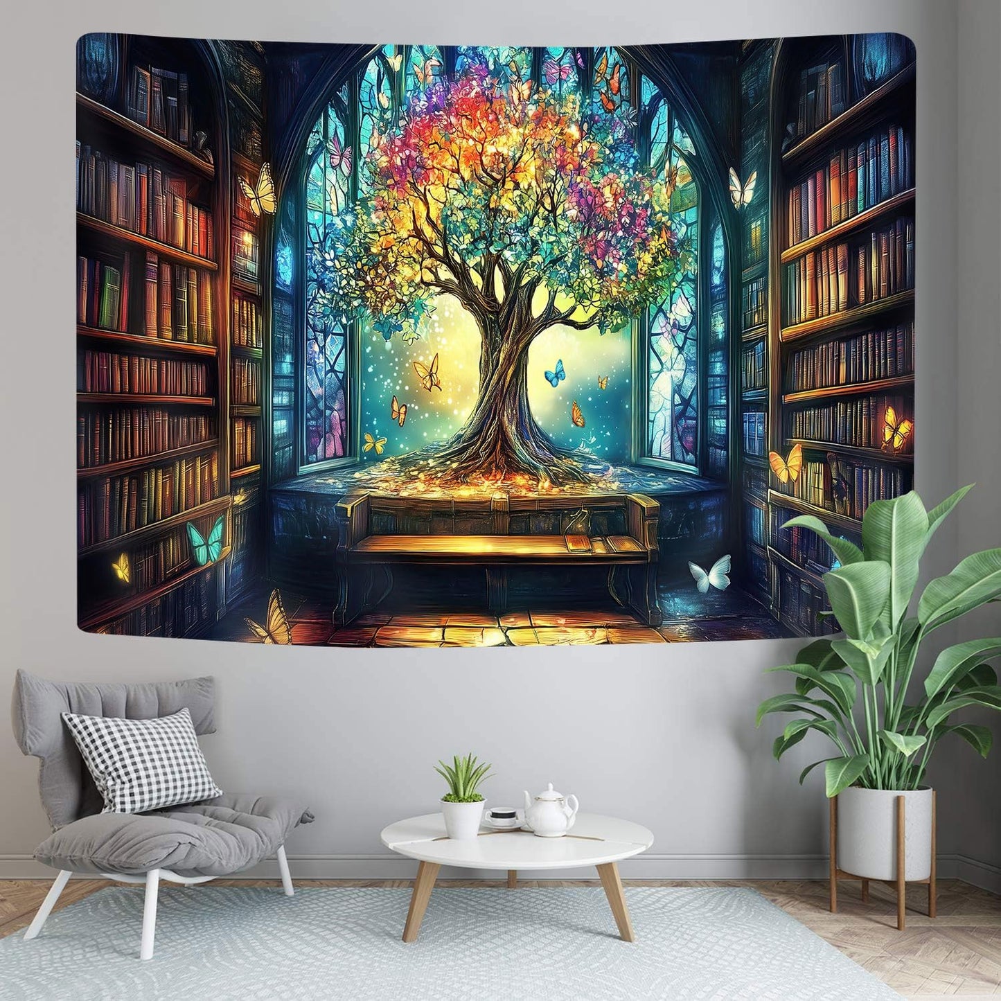 Mysterious Library Tapestry, Fantasy Enchanted Tree Magic Bookshelf Aesthetic Tapestries for Classroom, Witchy Fairy Tree Vintage Bookshelf Book Art Tapestry Wall Hanging College Room Bedroom, 60X40
