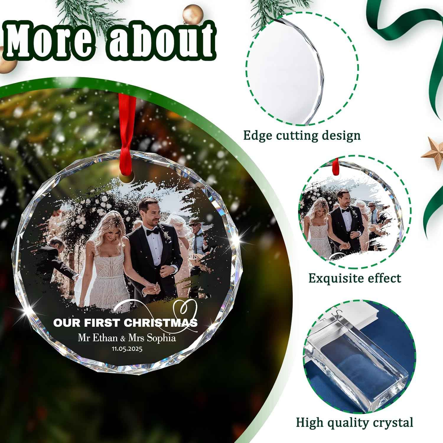 Personalized First Christmas Married Ornament 2025 - Custom 3D Crystal Photo Wedding Ornaments, Personalized Xmas Gifts for Couples (Married)