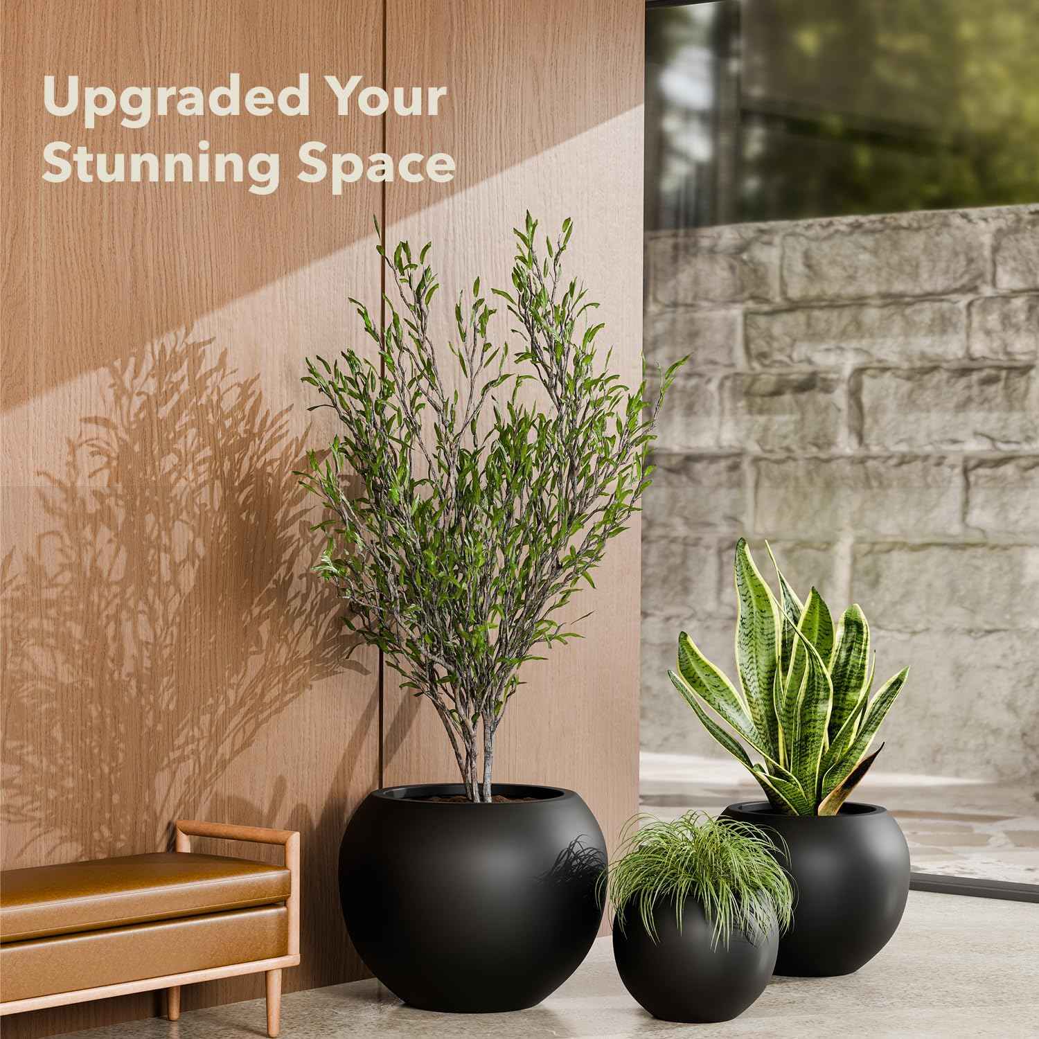 KUTE NEST 16" H x 20" D Premium Globo Fiberstone Round Planter with Drainage Hole, Smooth Finishes, Weather Resistant for Indoor and Outdoor Use, Included 2 Extra Coco Mats (Black, 13.5" Pot Opening)