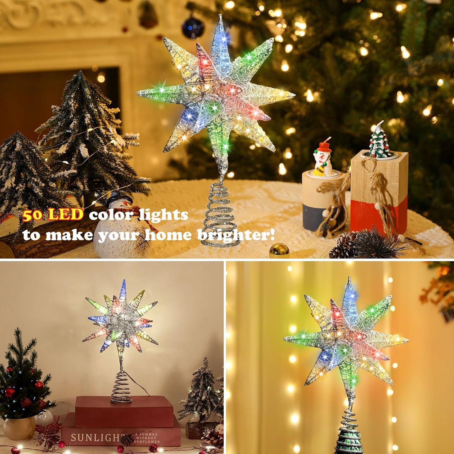 Christmas Tree Topper Star with Colorful 50 LED Lights, Star Tree Topper for Christmas Tree Tradition Moravian Decor, 11X 7.87 Inch with 5m Long Line, Estrella para Arbol De Navidad, Silver