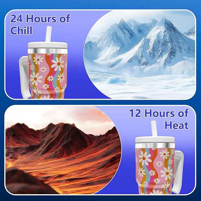 2PCS 20-OZ Insulated Water Bottle,Insulated Stainless Steel Tumbler,Reusable Cold Drink Thermos,BPA-Free, Double-Wall Stainless Steel Water Bottle (Pink-Rainbow Flowers, 20, Fluid Ounces)