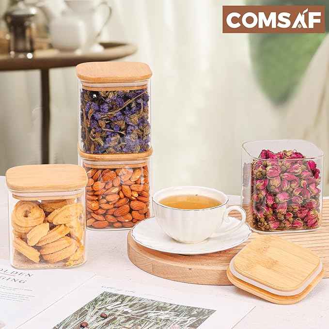 ComSaf 0.7 Qt Glass Food Storage Jars Set of 4, Clear Glass Storage Containers with Lids, Pantry Organization Jar, Spice Jar, Blooming Tea, Coffee and Sugar Container, Small Canister Set for Kitchen