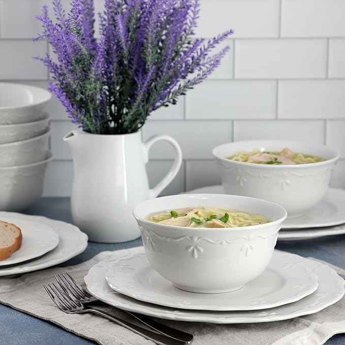 Elama Henryi 18 Piece Embossed Rim Detail Porcelain White Dinnerware Set, Tableware Set, Serveware (18 Piece)