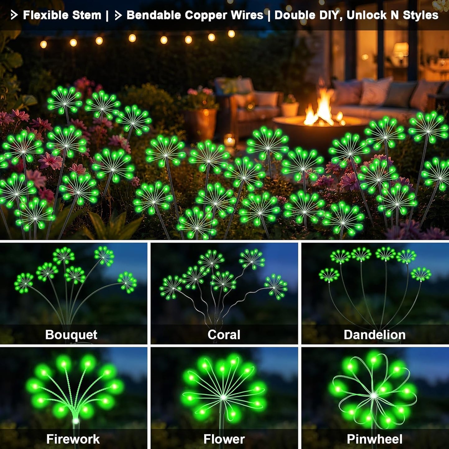 Solar Garden Lights Outdoor, Upgraded Solar Swaying Starburst Light Waterproof with 2 Modes, Solar Fairy Firework Lights for Yard Patio Pathway Flowerbed Balcony Garden Decoration (Green, 2 Pack)