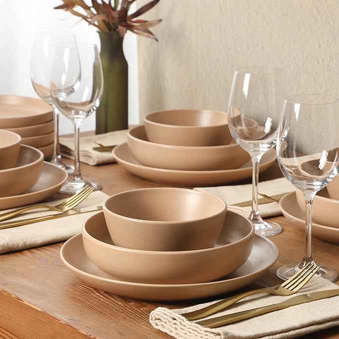 Gibson Elite Leeds Court Plates and Bowls Sets, 16-Piece Stoneware Dinnerware Sets, Terracotta, Round Speckle Reactive Glaze Dish Set