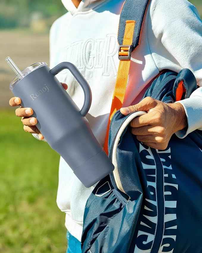 Renoj Insulated Mug 100% Spill Resistant Insulated Water Bottle for Iced Coffee & Hot Drinks - Fits Car Cup Holder, Ideal Gift, 2 Straws & Silicone Boot - FlexSlide Navy Blue 32 oz