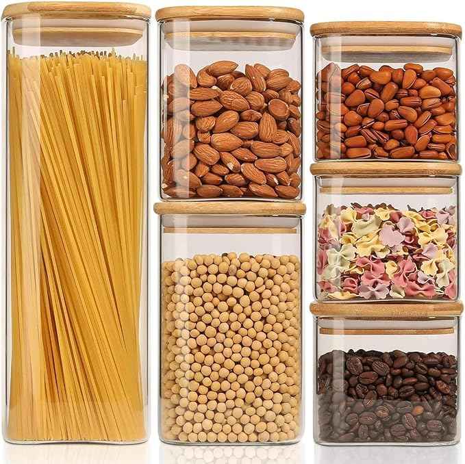 ComSaf Food Storage Containers with Airtight Lids Set of 6, Clear Glass Canister Food Jar with Sealing Lid Kitchen Pantry Storage Container for Spaghetti Pasta Sugar Flour Oat Cereal Beans, Square