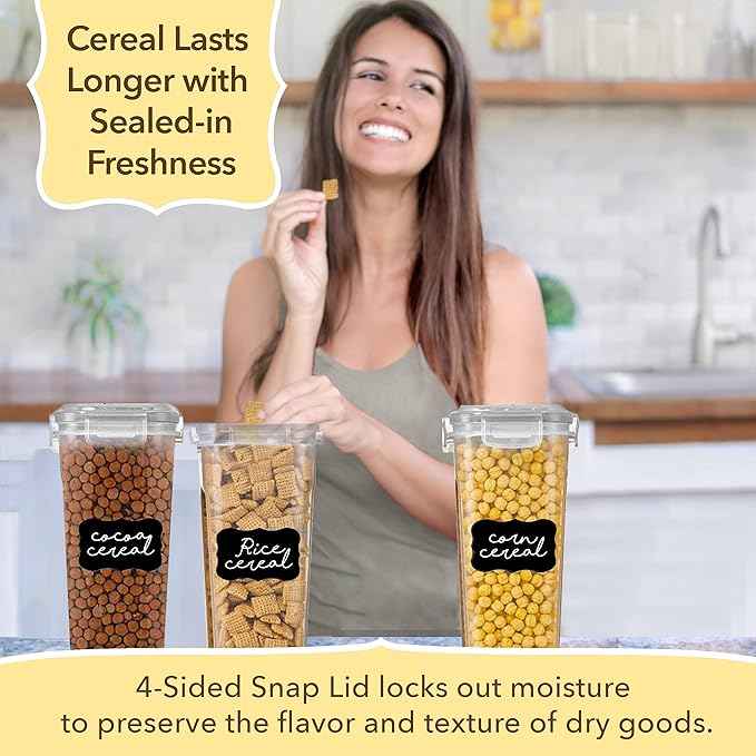 Simply Gourmet Airtight Cereal Containers with Lids – 3 Piece Tall Kitchen Pantry Organization Set, BPA-Free Clear Plastic, Pour Spout Lids for Breakfast Cereal, Rice, Flour, Sugar, Snacks