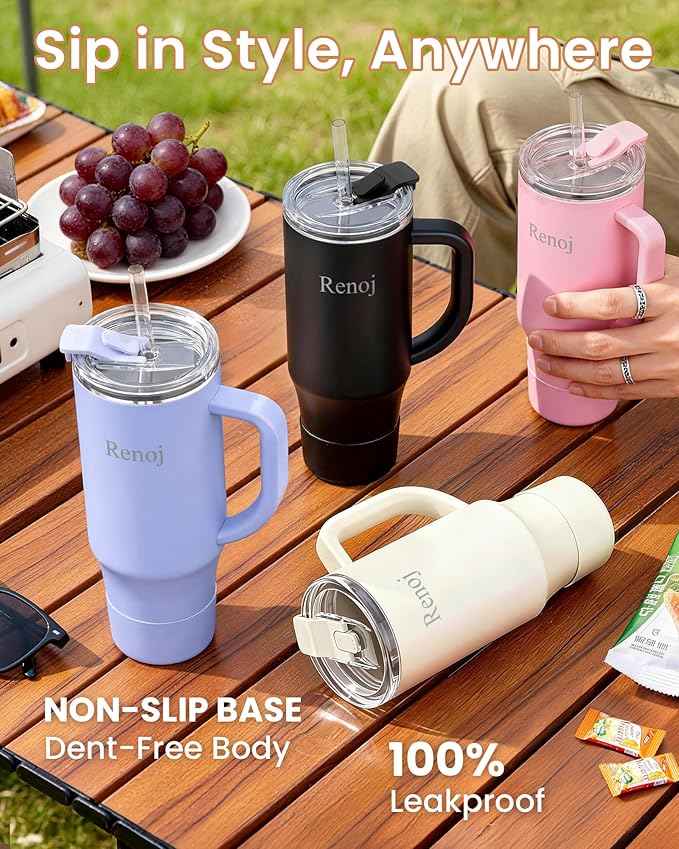 Renoj Insulated Mug 100% Leak Proof Insulated Water Bottle for Iced Coffee & Hot Drinks - Fits Car Cup Holder, Ideal Gift, 2 Straws & Silicone Boot - SnapShift White 32 oz