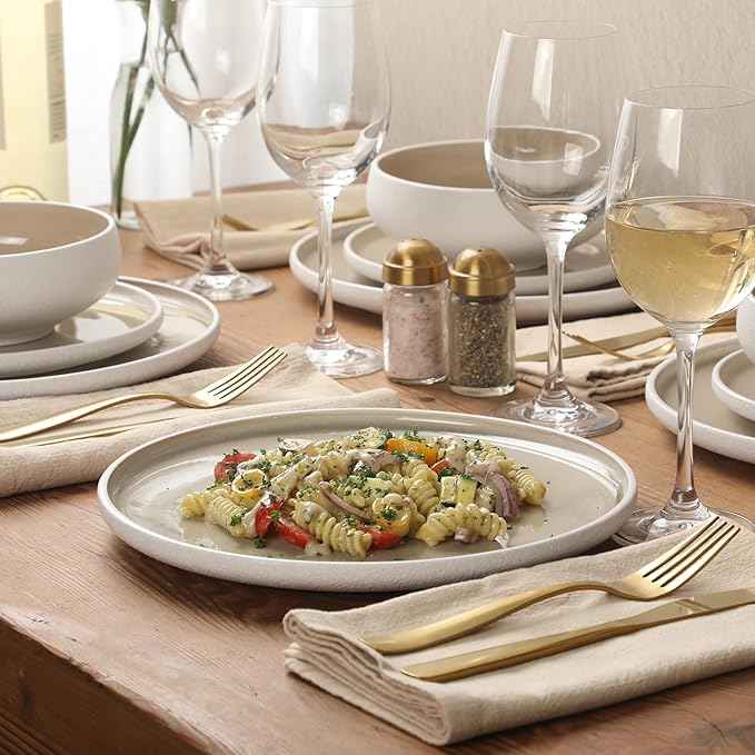 Gibson Elite Pacifco Beach Plates and Bowls Sets, 12-Piece Stoneware Dinnerware Sets, Reactive Glaze Dish Set - Taupe