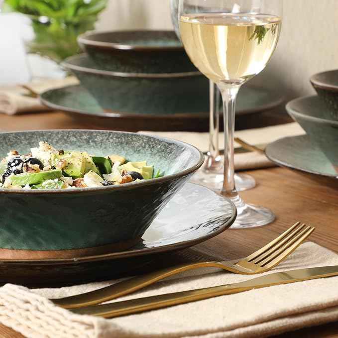 Gibson Elite Green Lantern Service for 4 (16 Piece) Double Bowl Dinnerware Set, Teal, Soft Gray, Dinnerware Set