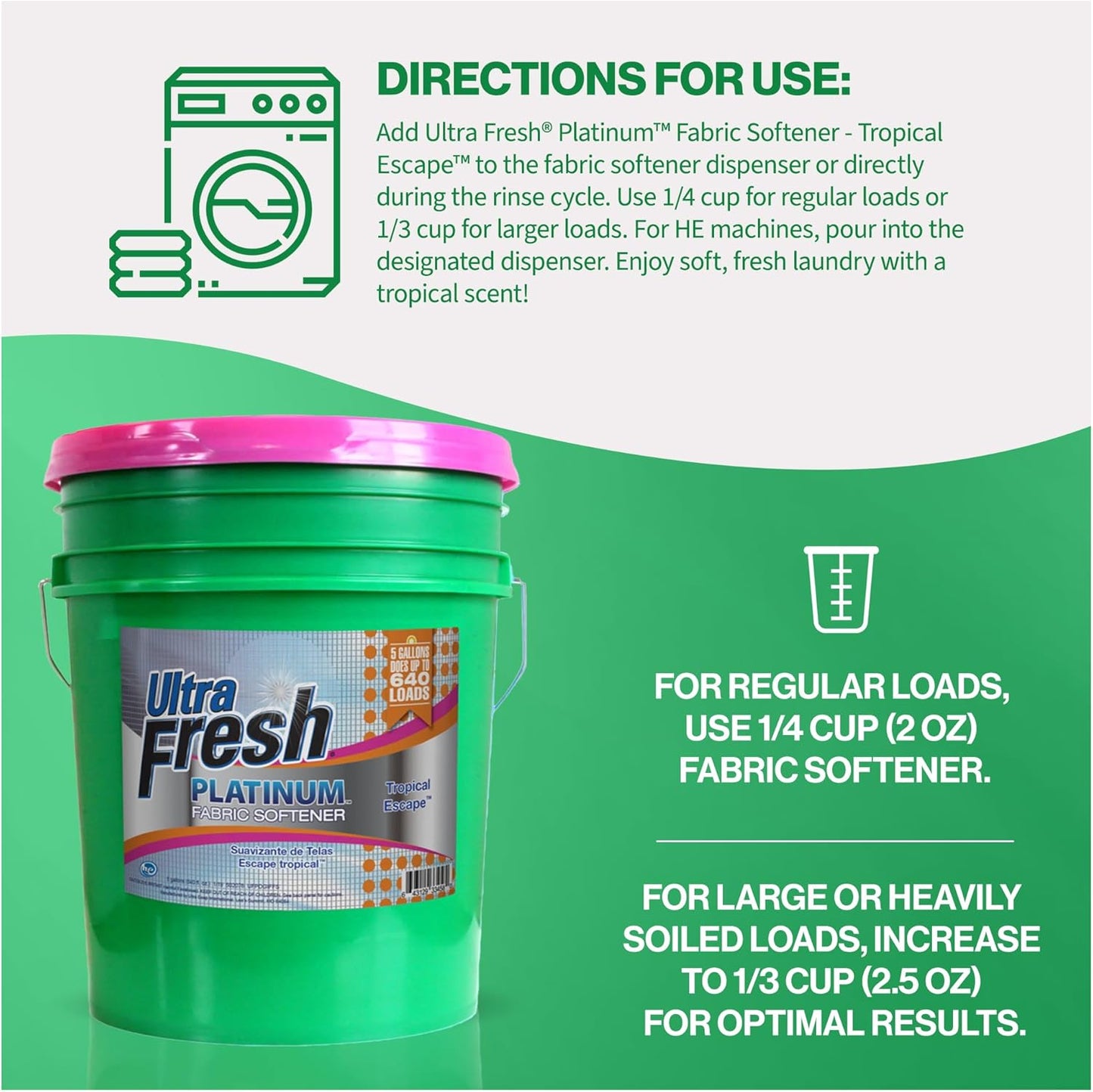 Ultra Fresh 5 Gallon Platinum Fabric Softener for All Machine Types, Liquid Laundry Softener, Up to 640 Loads, Tropical Escape