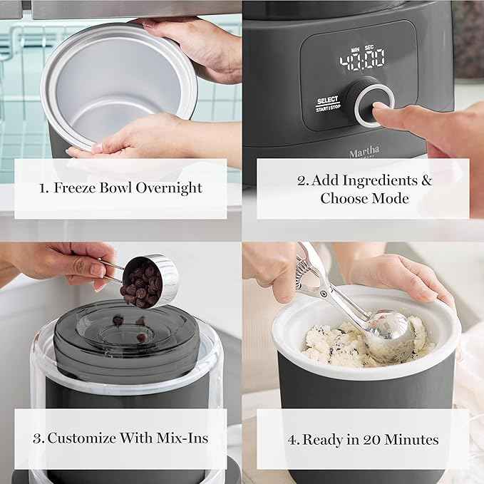 Martha Stewart Ice Cream Maker, 2 Quart Double-Insulated Freezer Bowl, Sorbet & Frozen Yogurt, Ready in 20 Minutes, Mix-Ins Chute, Easy to Clean, Caviar Gray