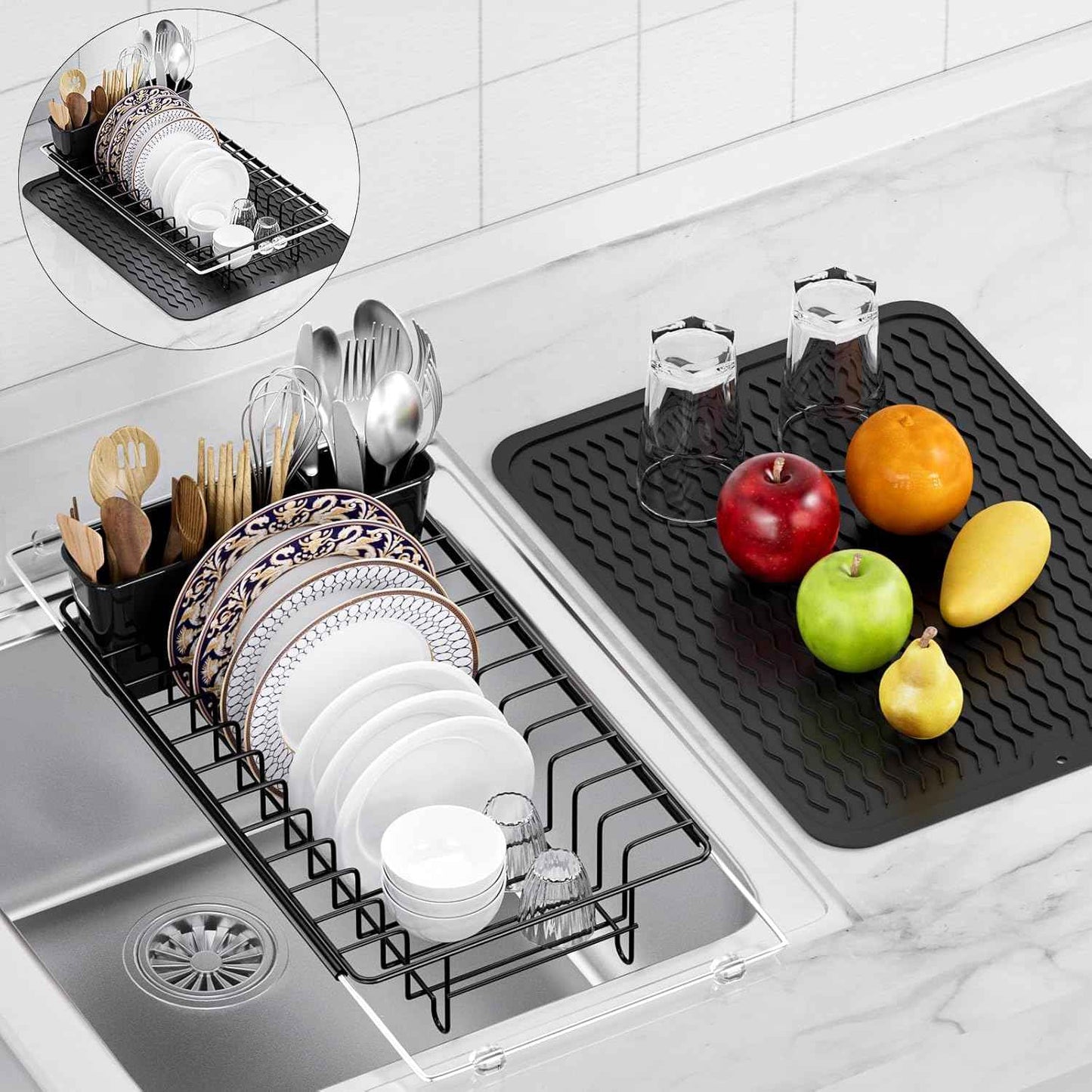 Sink Dish Drying Rack, Expandable Small Dish Drainers with Silicone Drying Mat, Stainless Steel Dish Dryer Rack with a Removable Cutlery Holder for 14’’-19’’ Kitchen Sink