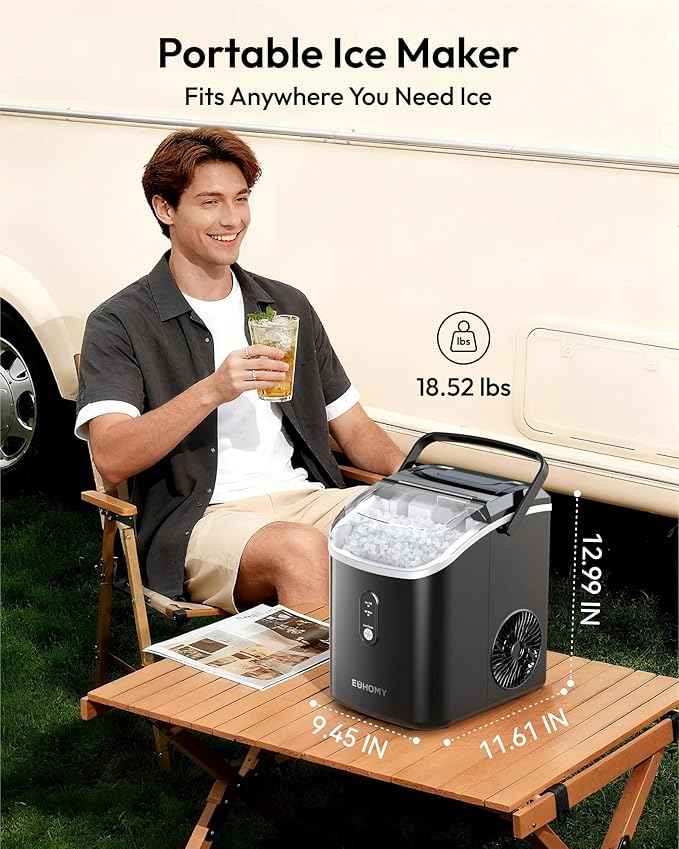 EUHOMY Nugget Ice Maker Countertop with Handle, Ready in 6 Mins, 35lbs Per Day, Removable Top Cover, Auto-Cleaning, Portable Sonic Ice Maker with Basket and Scoop, for Home/Party/RV/Camping
