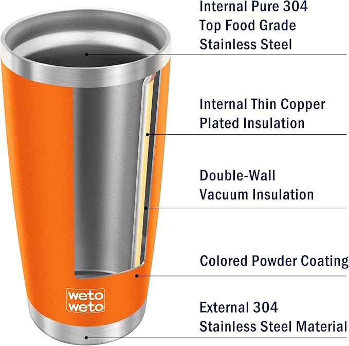 WETOWETO 20oz Tumbler with 2 lids and 2 straws, Stainless Steel Vacuum Insulated Water Coffee Tumbler Cup, Double Wall Powder Coated Spill-Proof Travel Mug Thermal Cup (Orange, 1 Pack)