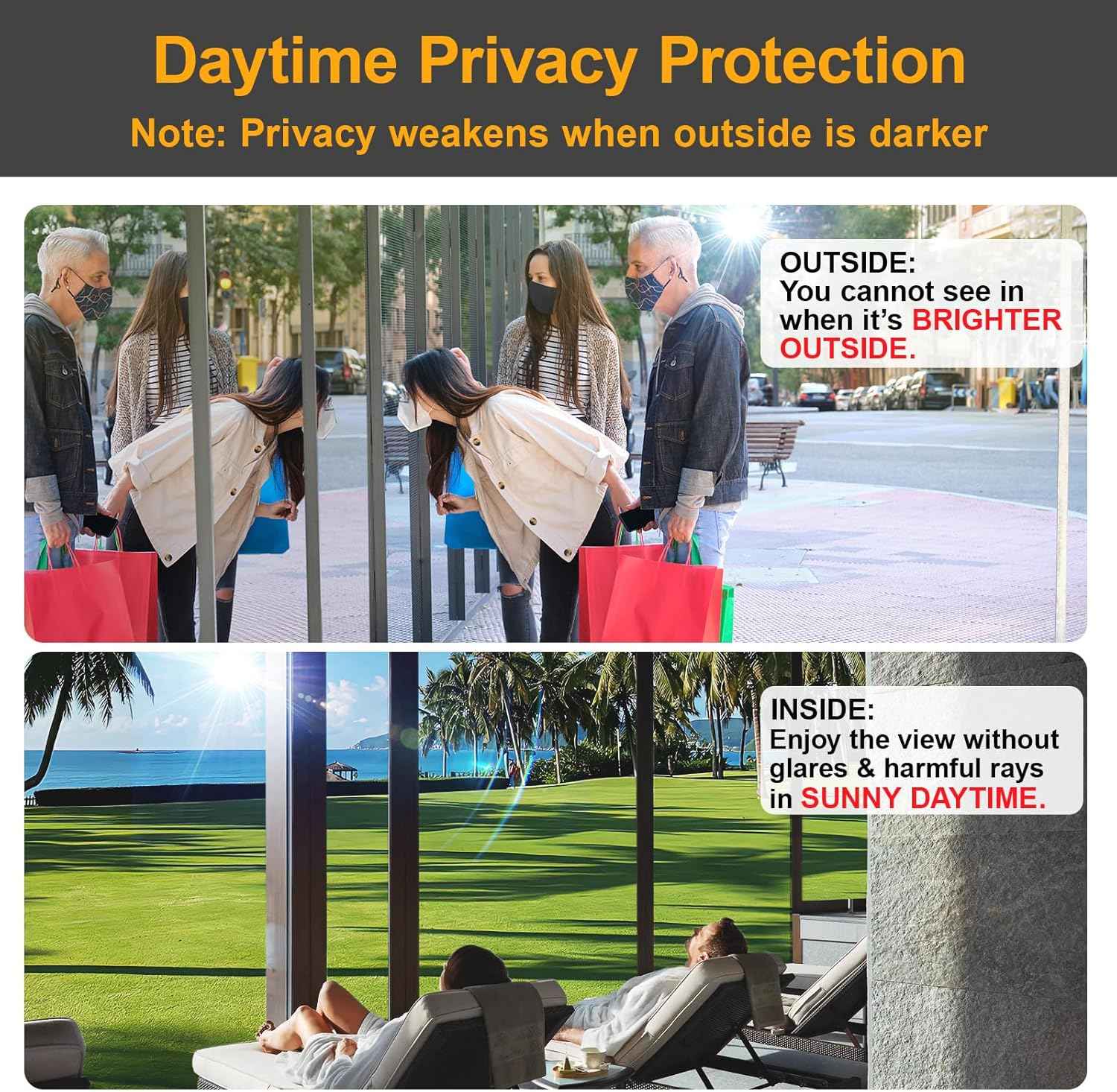 Window Privacy Film One Way Daytime Privacy Static Cling Sun Blocking Anti UV Reflective Window Tint for Home and Office, Tinted Black, 17.5 inch X 78.7 inch
